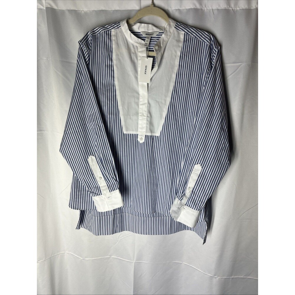 Spanx® Poplin Tuxedo Shirt Postal Blue Narrow White Stripe Size M NWT